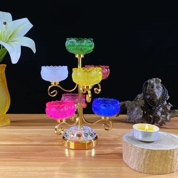 七星琉璃烛台家用油酥灯座莲花灯架蜡烛台七品琥珀色七彩色