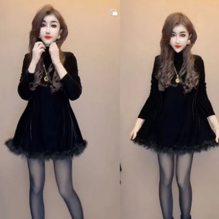 轻奢名媛时尚高级感丝绒裙法式重工复古显瘦遮肉秋冬丝绒连衣裙