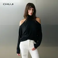 Chuji出迹演绎时髦高领露肩针织衫长袖上衣女秋冬打底衫-E2M2763T