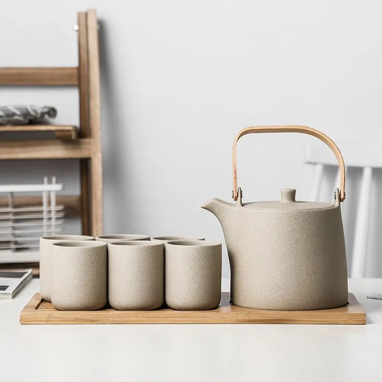 日式茶具新款粗陶茶壶茶杯家用泡茶提梁壶极简复古大容量水壶