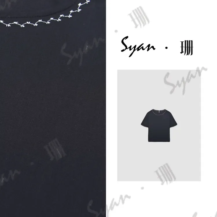 Syan【木槿】2025夏季新款时尚百搭显瘦设计感黑色刺绣T恤