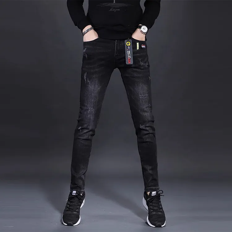 香港高端夏季黑色牛仔裤男款修身小脚裤弹性潮流透气男士薄款裤子