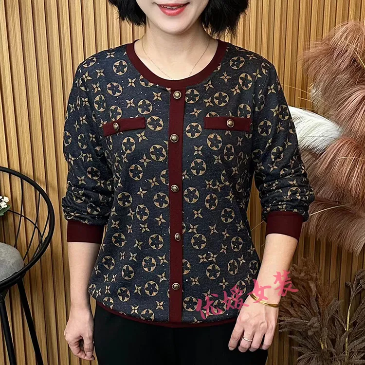 妈妈装秋季时尚圆领撞色印花宽松显瘦百搭洋气中老年女装长袖上衣