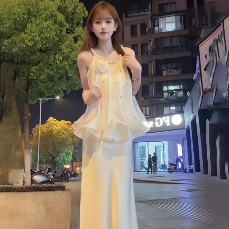 法式气质名媛珍珠挂脖镶钻拼接荷叶边吊带雪纺衬衫女夏季辣妹上衣