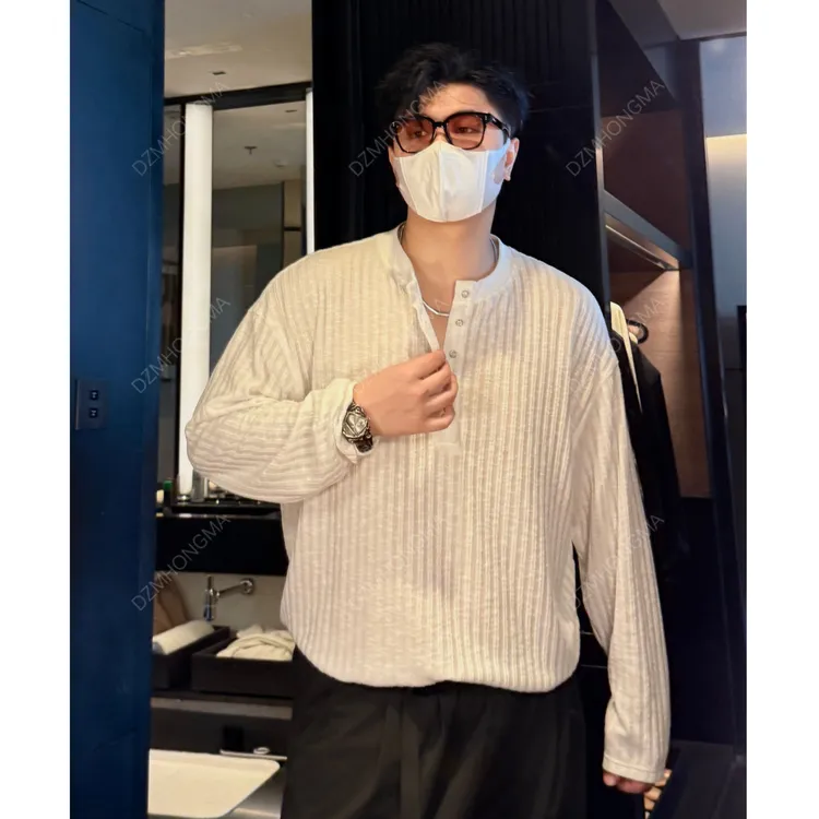 【大重码】老钱风亨利领长袖t恤肌理感宽松体恤条纹V领上衣针织男