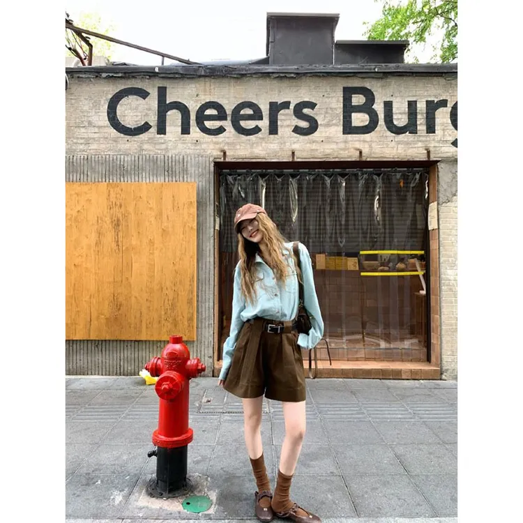 复古美式高级感宽松翻领口袋长袖衬衫上衣女高腰显瘦直筒休闲短裤