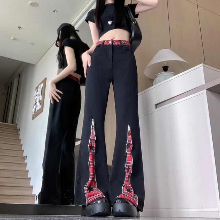 美式辣妹红格子拼接拉链微喇叭牛仔裤女秋季新款高腰显瘦直筒裤子
