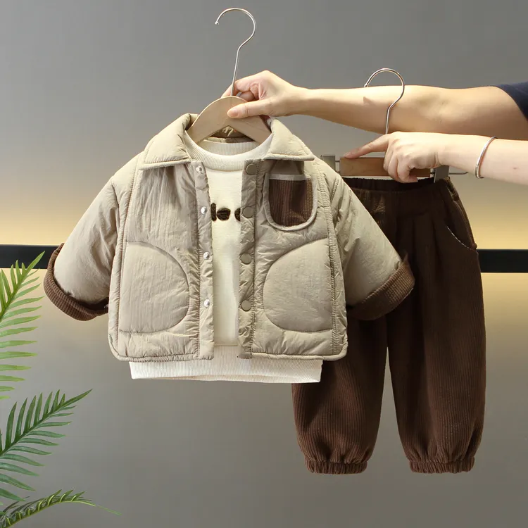 男童冬季套装加绒儿童衣服潮酷痞帅棉袄宝宝加厚保暖棉衣三件套洋