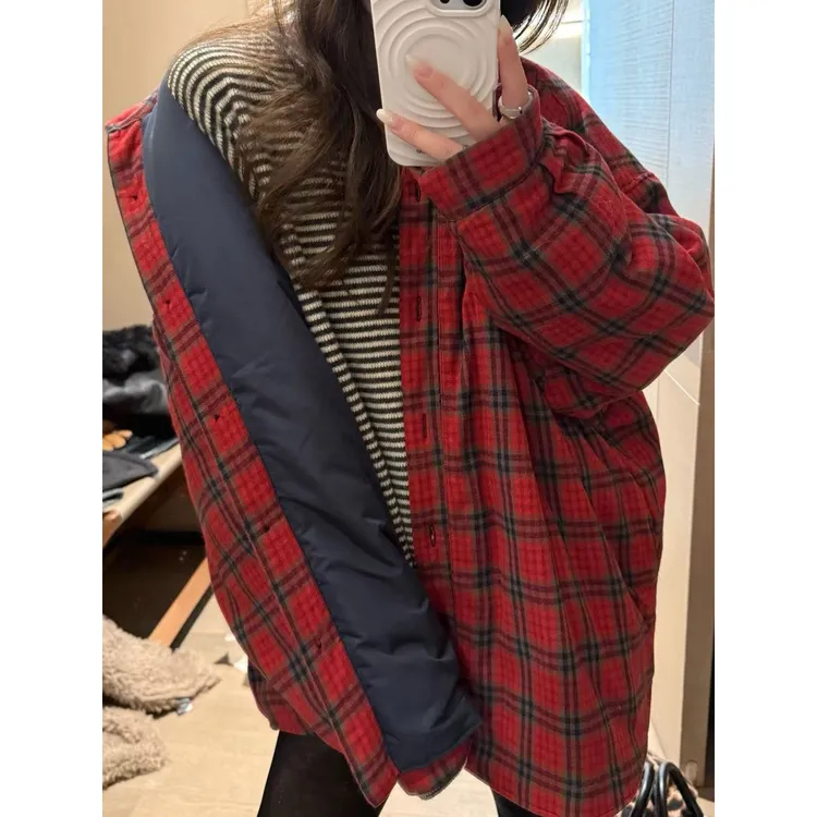 SP 红格纹衬衫式棉服女冬季韩系复古红色加厚保暖棉衣外套