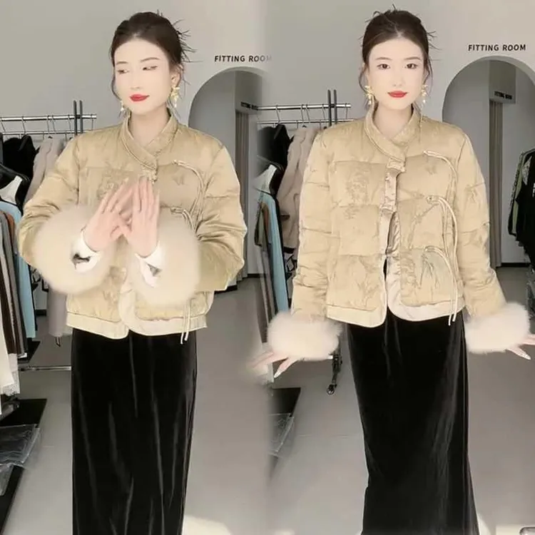 新中式国风棉服女冬季新款时尚显瘦提花盘扣毛毛袖棉衣棉袄潮女款