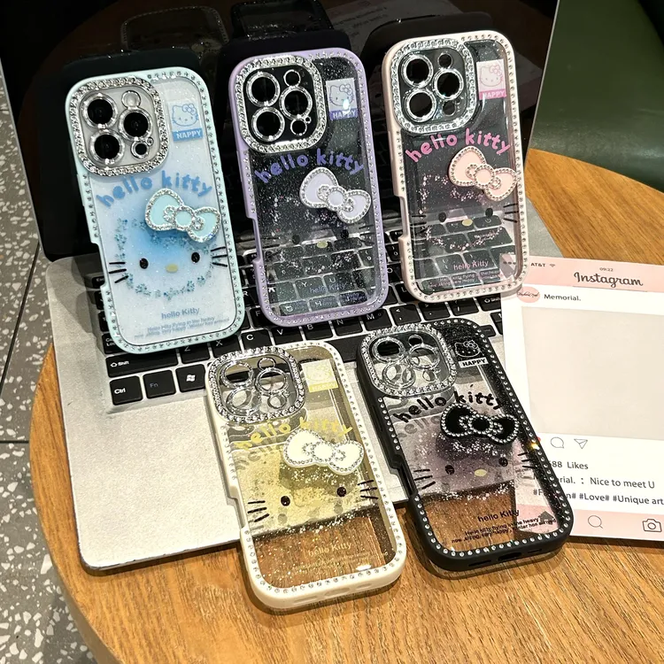 全包边镶钻碎花kt猫适用iPhone16promax手机壳苹果15promax新款14