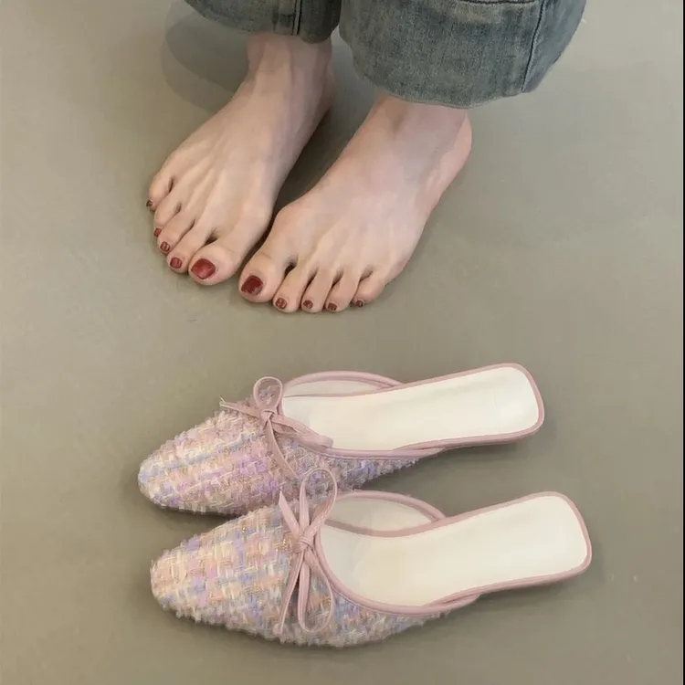 温柔仙女半拖鞋女2025年法式甜美小香风蝴蝶结方头一脚蹬穆勒鞋