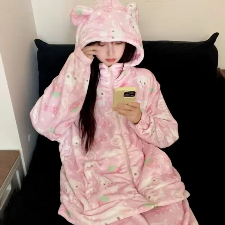 甜美可爱印花加厚珊瑚绒长袖睡衣女秋冬季新款家居服长裤套装外穿