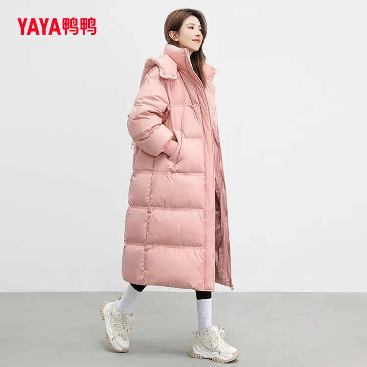 鸭鸭羽绒服女2025冬季大被子新款长款面包服粉色红色气质鸭绒外套