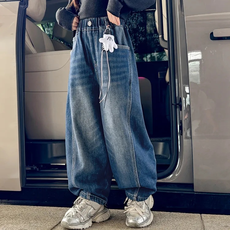 25KZ079女童冬季加绒宽松牛仔裤2025冬款女孩老爹裤大童加厚保暖