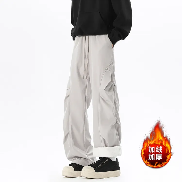 美式复古褶皱伞兵休闲裤男款秋冬加绒加厚宽松直筒机能冲锋长裤子