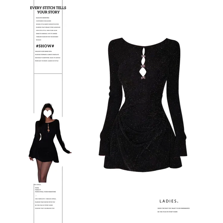 【星光满钻】2026早春新款镂空亮丝蝴蝶闪闪露肩自带胯型A字摆捃