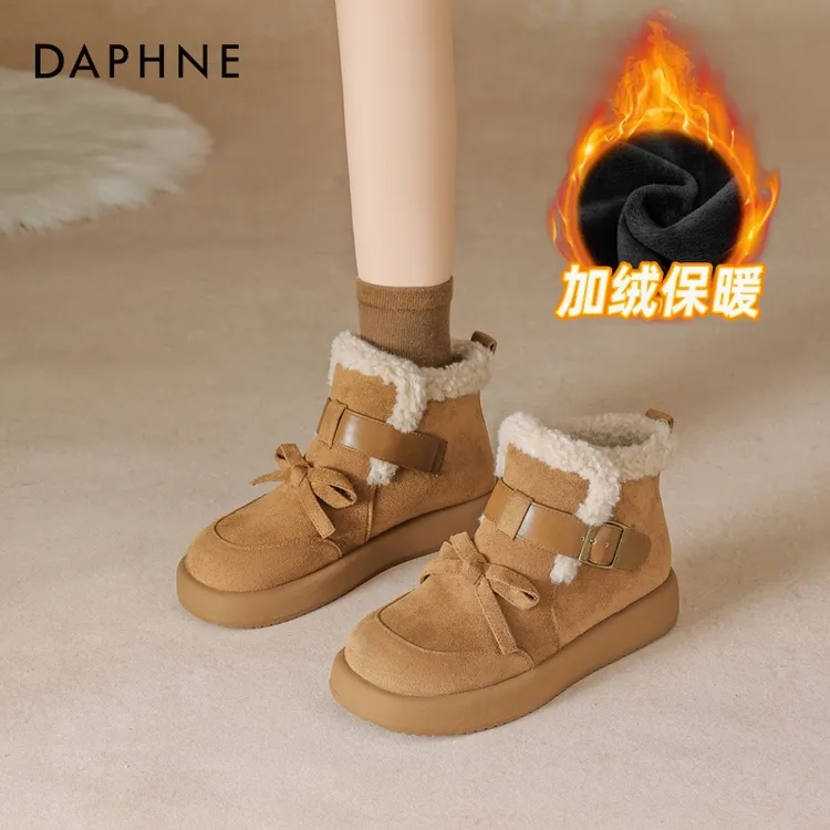 达芙妮厚底雪地靴女2026新款冬季加绒高帮棉鞋复古港风保暖毛毛鞋