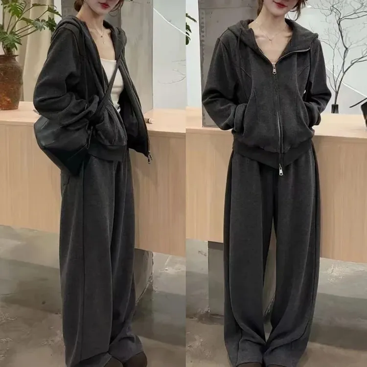 时尚套装女2025春秋新款韩版气质拉链开衫卫衣休闲阔腿长裤两件套