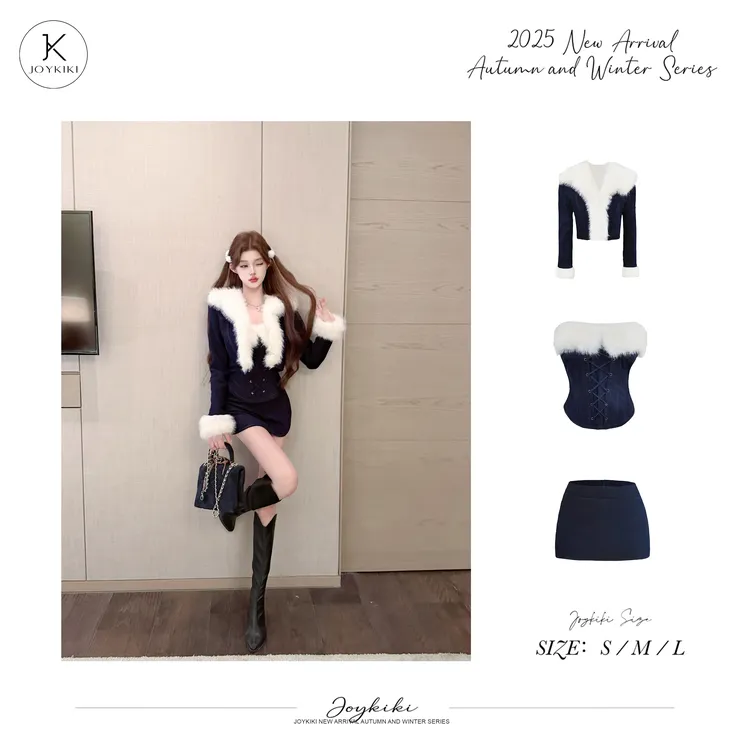 JOY KIKI鹅了么【雪国来信】秋冬厚款环保毛拼接撞色套装J25D311