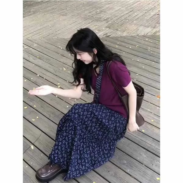 温柔风U型领舒适日常短袖女夏季韩版简约百搭上衣碎花长裙两件套