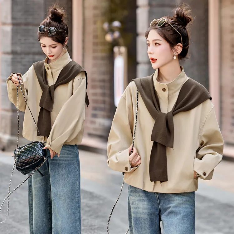 休闲时尚披肩立领外套女2025春秋新款小个子宽松百搭短款夹克上衣