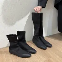 巨显瘦极简风瘦瘦靴子方头内增高弹力靴不过膝长靴百搭平底短靴女