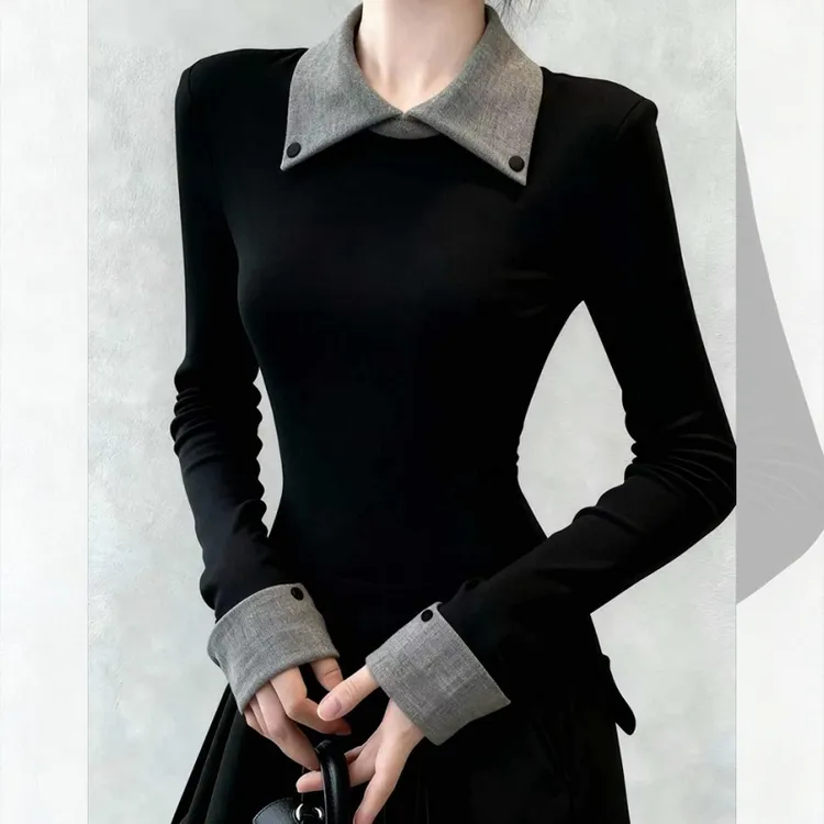 秋冬复古撞色polo领磨毛加绒打底衫女内搭设计感正肩长袖t恤上衣