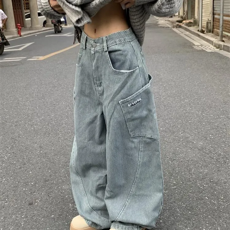 大白鲨美式宽松阔腿条纹工装牛仔裤男生2025春秋新款显瘦直筒裤子
