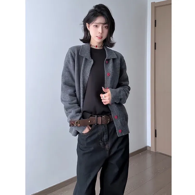 老钱风灰色纽扣宽松翻领开衫毛衣男秋冬高级感cleanfit针织衫外套