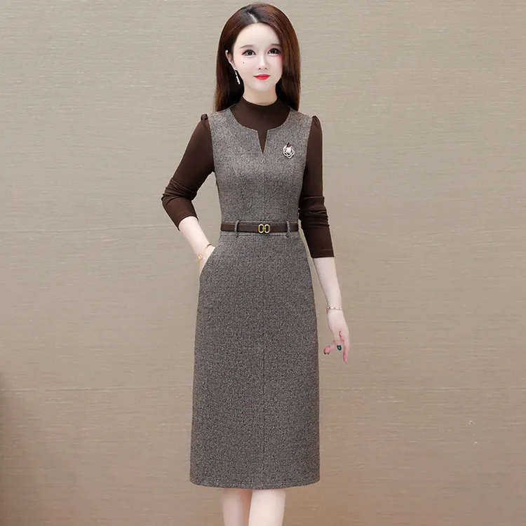 假两件长袖拼接时尚背心连衣裙新款冬季修身淑女风过膝打底裙