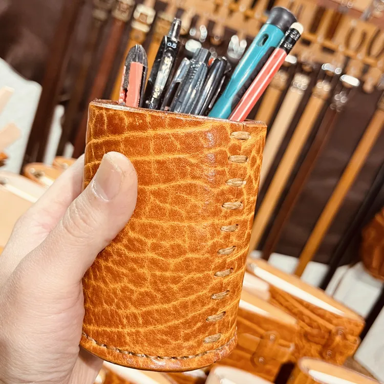 【牛牛手工】野牛纹皮特厚笔筒、茶具筒、工具筒、手缝加粗蜡线