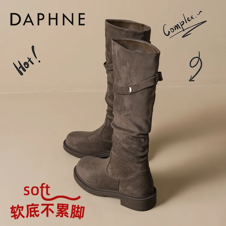 达芙妮厚底长筒靴女2025新款冬季高筒靴子骑士靴英伦风加绒马丁靴