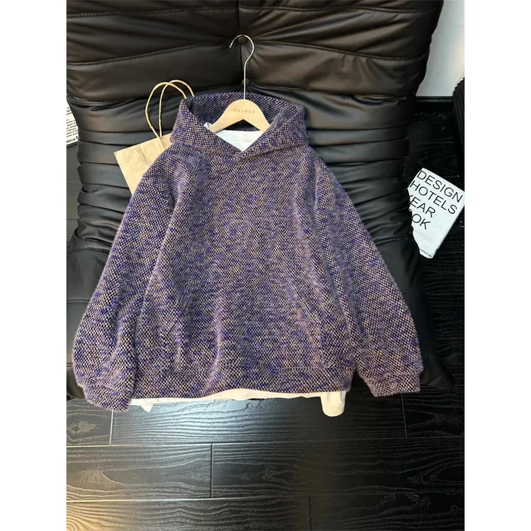 美式复古毛绒针织卫衣男女款秋冬季潮牌休闲外套高级感宽松连帽衫