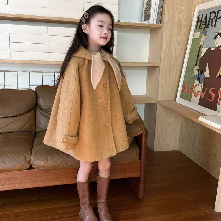 送内胆[Petit Nez]100%羊毛双面绒手工女童大衣黄人字纹连帽斗篷