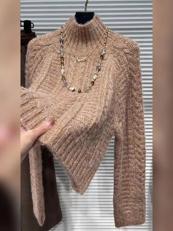 欧货时尚高级感通勤百搭高领浅咖色针织毛衣女2025秋季新款上衣潮