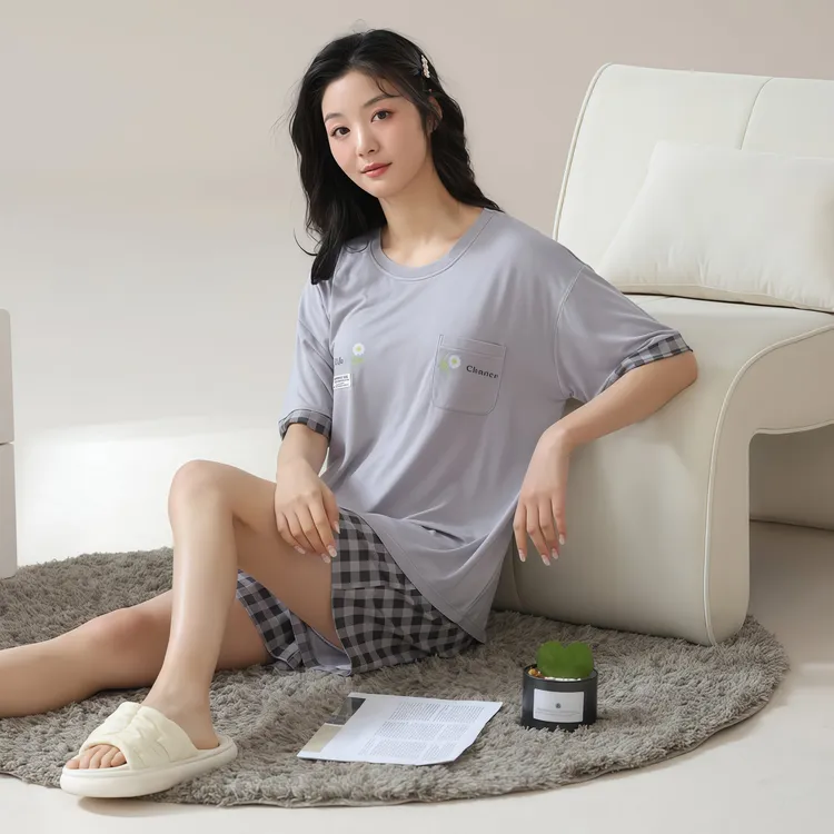 夏季睡衣女短袖短裤薄款带胸垫柔软棉质自带凉感带胸垫睡衣家居服