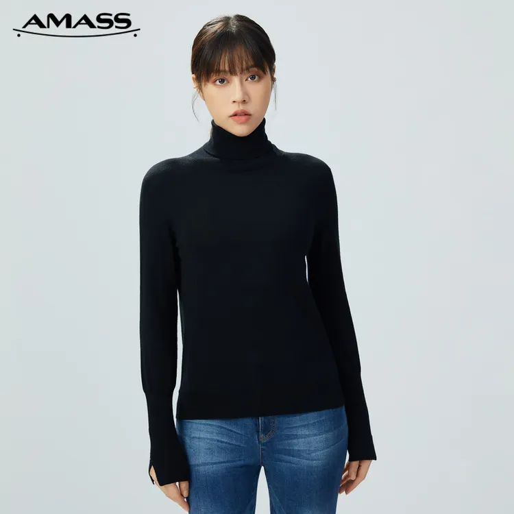 阿玛施女装新款简约纯色素面高领长袖绵羊毛针织衫5399471