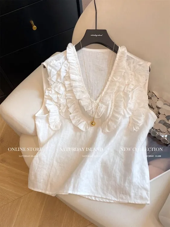 纯欲白色褶皱木耳边V领衬衫女2025夏季新款百搭独特漂亮显瘦上衣