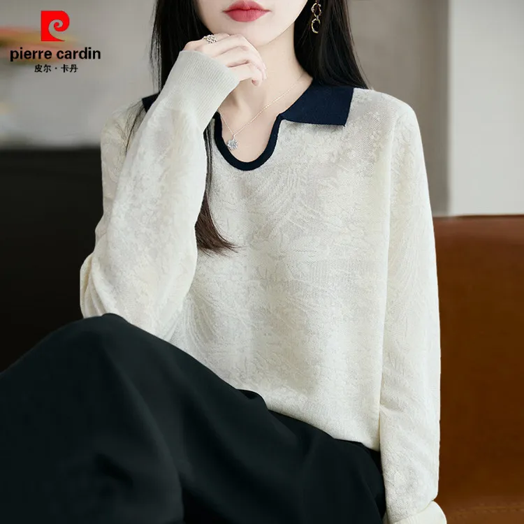 皮尔卡丹2025秋冬新款POLO领针织衫女气质宽松显瘦针织衬衫设计感