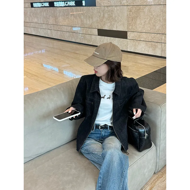 王家有鱼2025秋季新款宽松百搭牛仔上衣女长袖酷帅时尚牛仔外套W