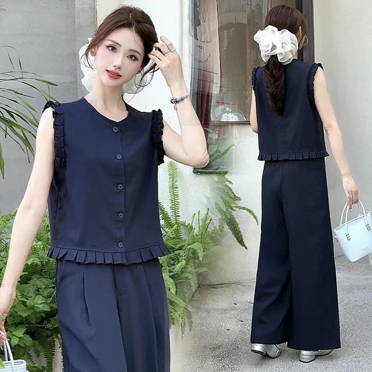 时尚套装女夏季短款圆领无袖上衣小个子九分休闲甜美可爱风格衣服