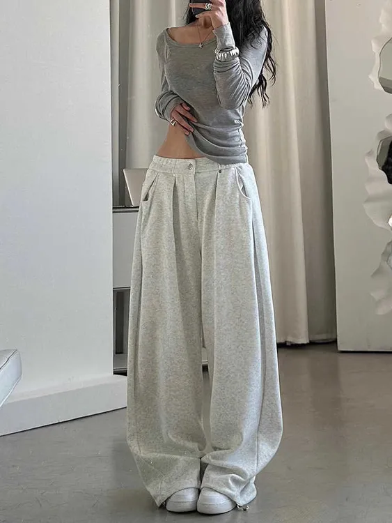 灰色褶皱阔腿运动裤女春秋2025新款宽松慵懒显瘦高腰直筒休闲卫裤