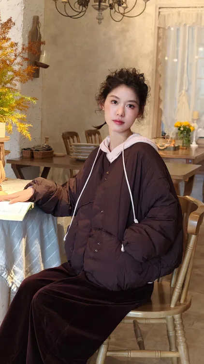 90白鸭绒 圆领不规则绗缝宽松保暖羽绒服2531