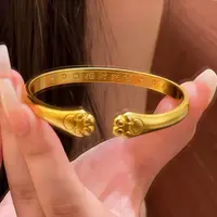 足银手镯 开口猫爪亮面手镯招财纳福复古实心简约 足银镀金