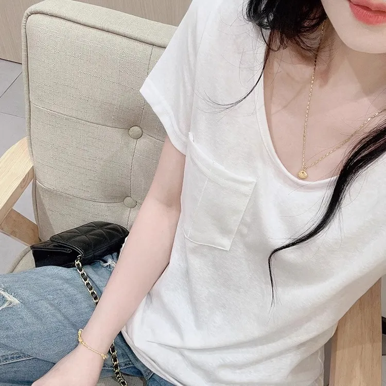 女学生休闲宽松显瘦打底百搭上衣雪花棉2025夏季爆款韩版口袋T恤