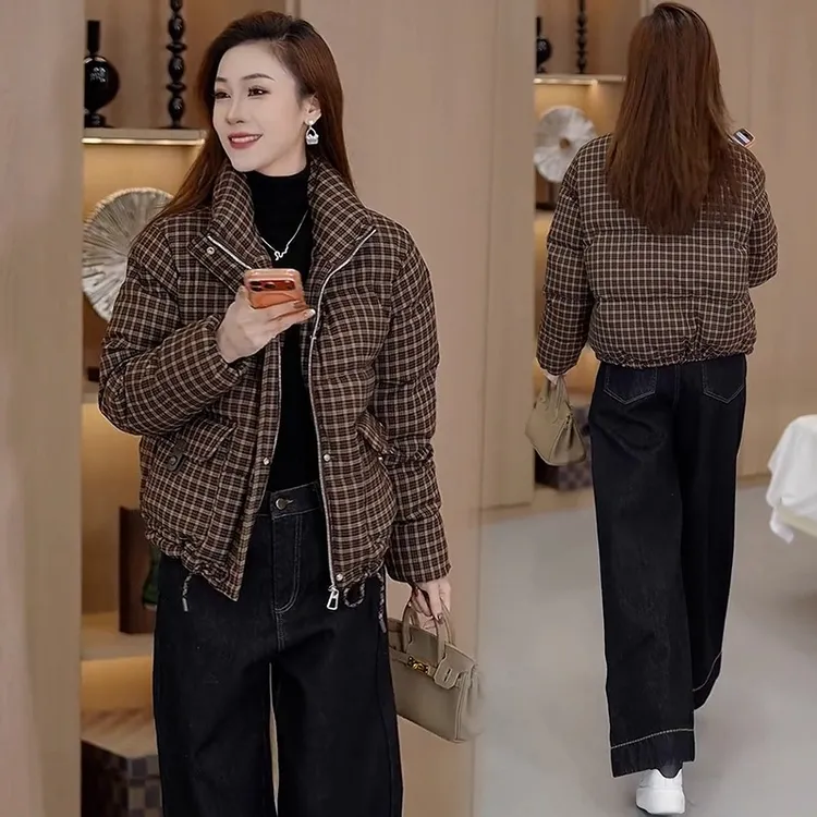 时尚格纹棉衣棉服女2025冬季新款宽松显瘦保暖面包服立领棉衣外套