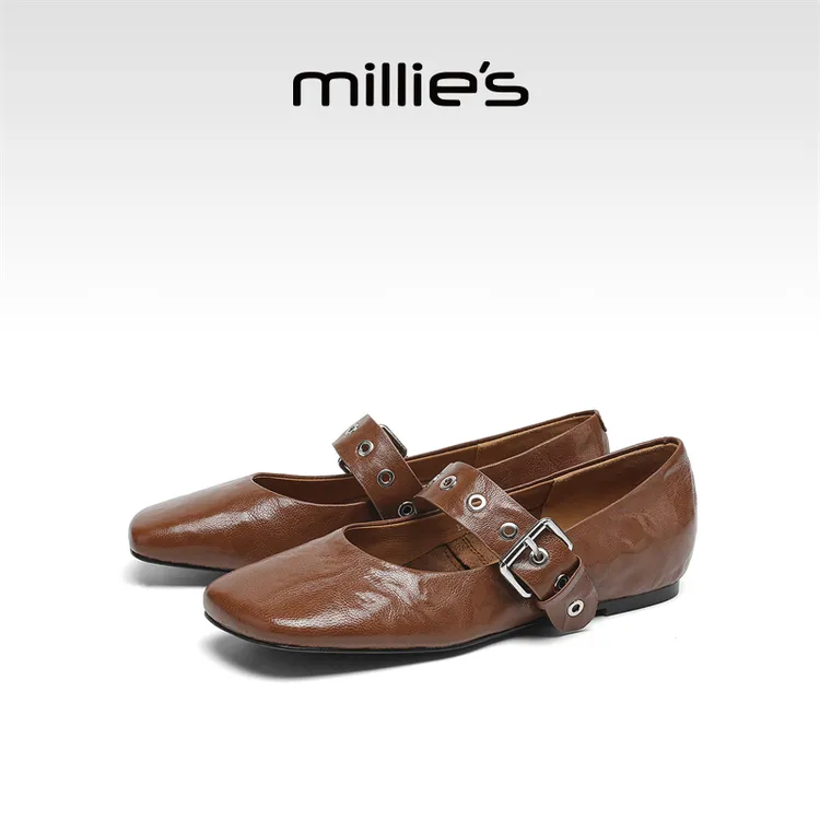 MILLIE'S/妙丽2025新款超软铆钉皮带扣质感羊皮玛丽珍鞋平底单鞋