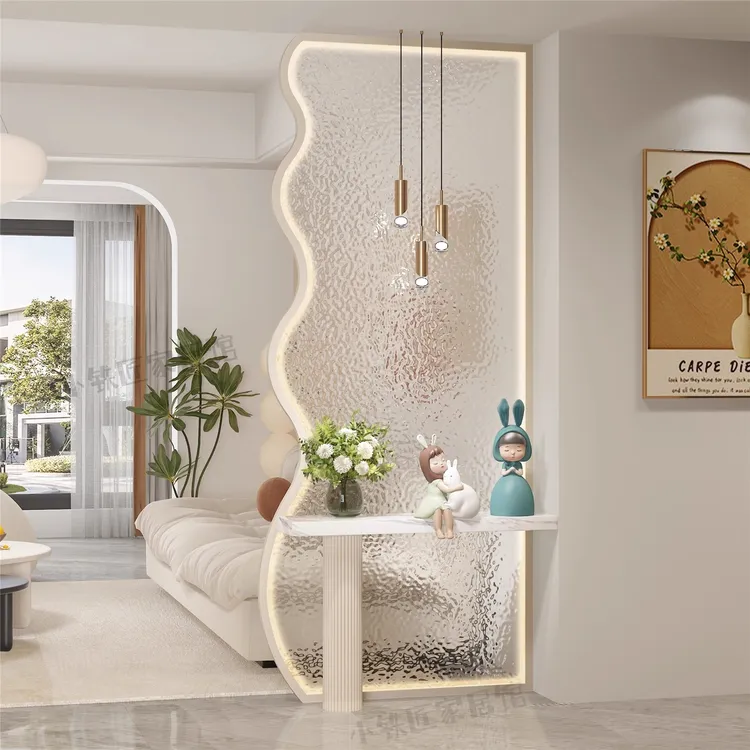 奶油风长虹玻璃入户客厅创意玄关装饰屏风不锈钢定制隔断水立方