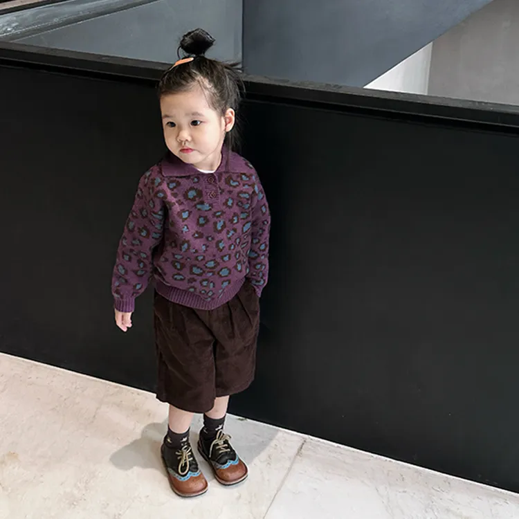 壹妈童装复古女童紫色豹纹针织衫秋冬韩版儿童时髦洋气翻领毛衣衫